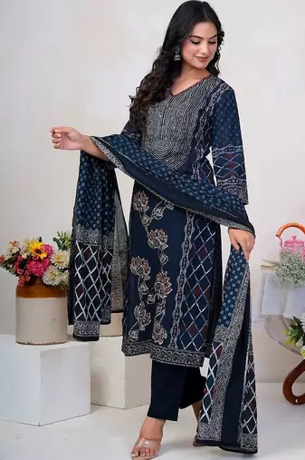 Women Floral Printed Panelled Sequinned Pure Cotton Kurta with Trousers & With Dupatta