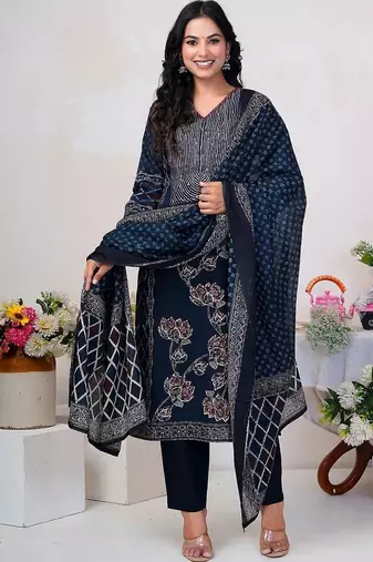 Women Floral Printed Panelled Sequinned Pure Cotton Kurta with Trousers & With Dupatta