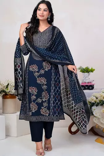 Women Floral Printed Panelled Sequinned Pure Cotton Kurta with Trousers & With Dupatta