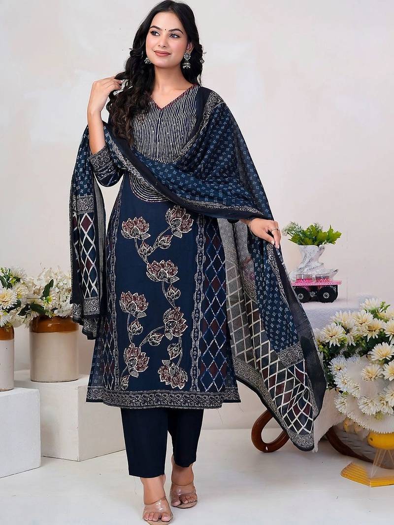 Women Floral Printed Panelled Sequinned Pure Cotton Kurta with Trousers & With Dupatta