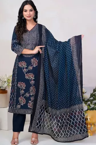 Women Floral Printed Panelled Sequinned Pure Cotton Kurta with Trousers & With Dupatta