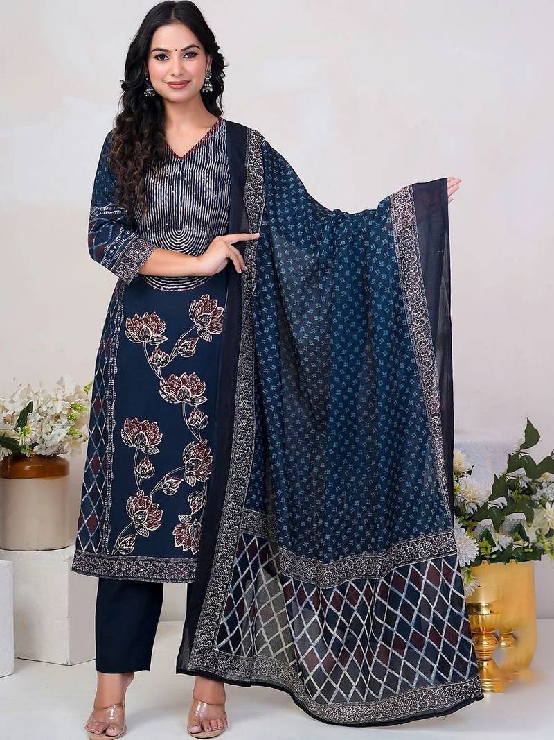 Women Floral Printed Panelled Sequinned Pure Cotton Kurta with Trousers & With Dupatta