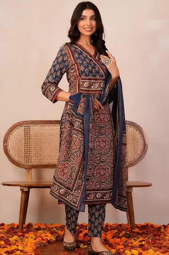 Women Ethnic Motifs Printed Angrakha Pure Cotton Kurta with Trousers & With Dupatta