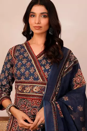 Women Ethnic Motifs Printed Angrakha Pure Cotton Kurta with Trousers & With Dupatta