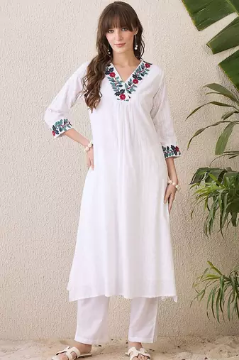 Floral Yoke Design V-Neck Thread Work Pure Cotton A-Line Kurta With Trouser