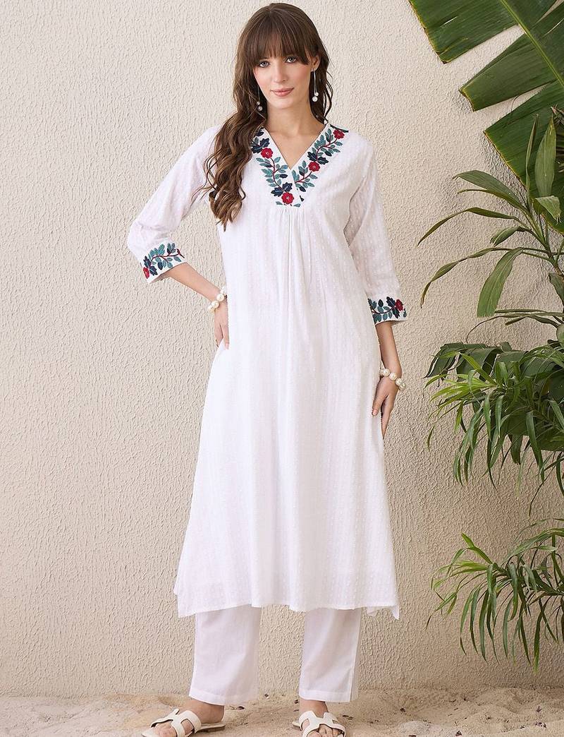 Floral Yoke Design V-Neck Thread Work Pure Cotton A-Line Kurta With Trouser