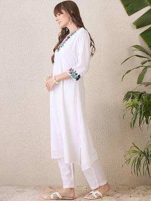 Floral Yoke Design V-Neck Thread Work Pure Cotton A-Line Kurta With Trouser 4
