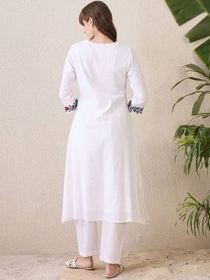 Floral Yoke Design V-Neck Thread Work Pure Cotton A-Line Kurta With Trouser 5