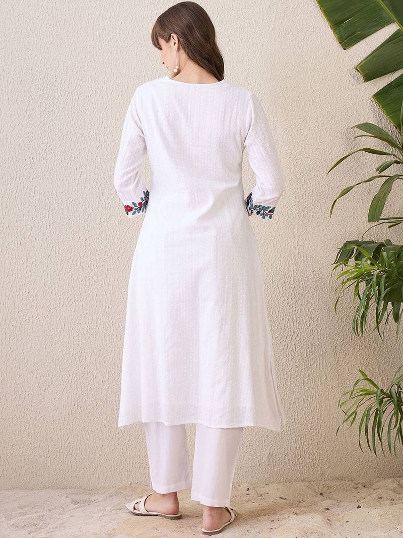 Floral Yoke Design V-Neck Thread Work Pure Cotton A-Line Kurta With Trouser