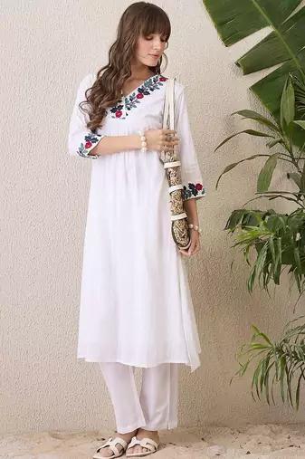 Floral Yoke Design V-Neck Thread Work Pure Cotton A-Line Kurta With Trouser