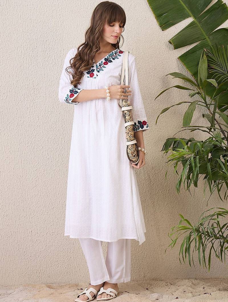 Floral Yoke Design V-Neck Thread Work Pure Cotton A-Line Kurta With Trouser