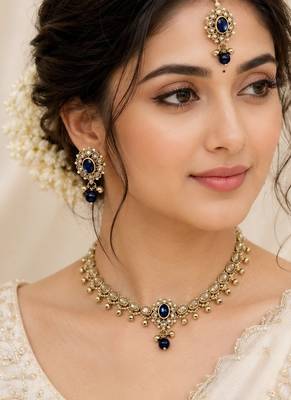 Designer circle and round shape small golden balls blue stone antique gold plated choker jewellery set for women 1
