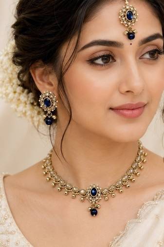 Designer circle and round shape small golden balls blue stone antique gold plated choker jewellery set for women