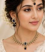 Designer circle and round shape small golden balls blue stone antique gold plated choker jewellery set for women