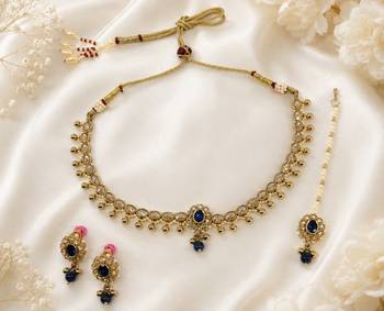 Designer circle and round shape small golden balls blue stone antique gold plated choker jewellery set for women 2