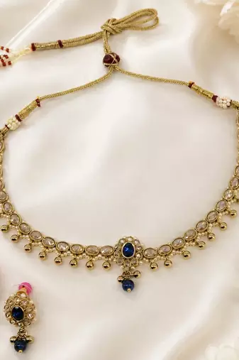 Designer circle and round shape small golden balls blue stone antique gold plated choker jewellery set for women