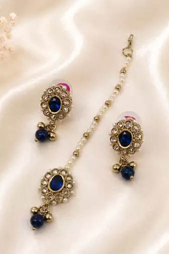 Designer circle and round shape small golden balls blue stone antique gold plated choker jewellery set for women