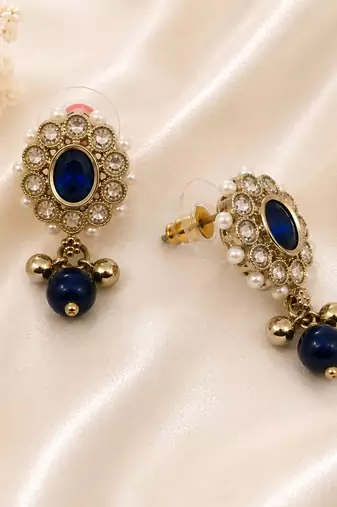 Designer circle and round shape small golden balls blue stone antique gold plated choker jewellery set for women