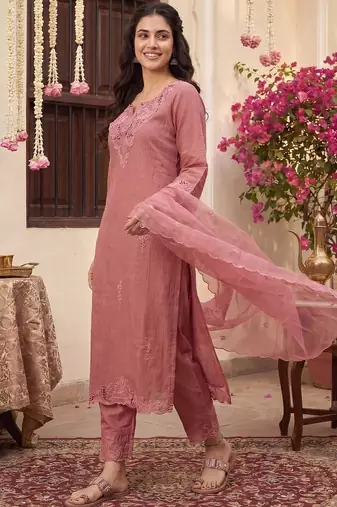 Women Ethnic Motifs Embroidered Regular Chikankari Kurta with Trousers & With Dupatta