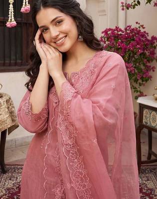 Women Ethnic Motifs Embroidered Regular Chikankari Kurta with Trousers & With Dupatta 2
