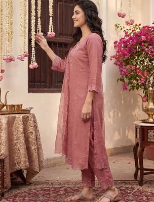 Women Ethnic Motifs Embroidered Regular Chikankari Kurta with Trousers & With Dupatta 3
