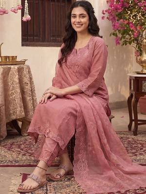 Women Ethnic Motifs Embroidered Regular Chikankari Kurta with Trousers & With Dupatta 5
