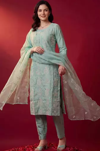 Women Ethnic Motifs Embroidered Regular Thread Work Kurta with Trousers & With Dupatta
