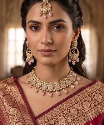 Splendid oval and leaf shape pink pearl kundan gold plated choker jewellery set for women 1