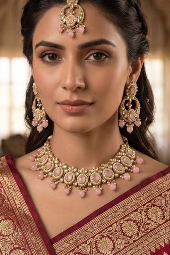 Splendid oval and leaf shape pink pearl kundan gold plated choker jewellery set for women
