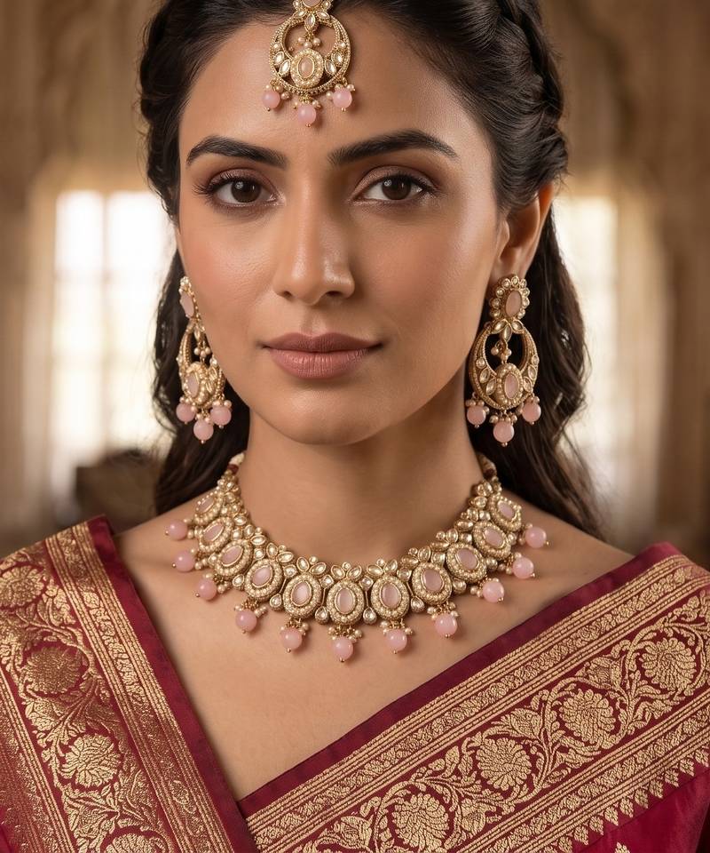 Splendid oval and leaf shape pink pearl kundan gold plated choker jewellery set for women