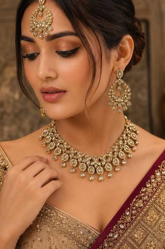 Modern flower and oval shape antique gold plated choker jewellery set for women