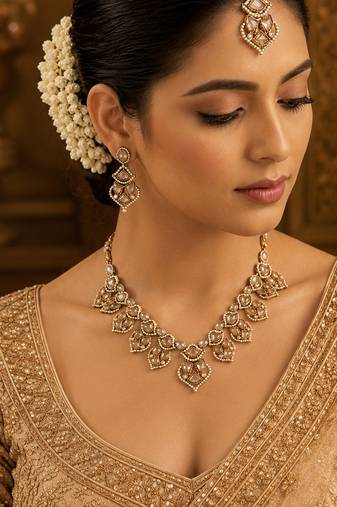 Graceful triangle and heart shape antique gold plated choker jewellery set for women