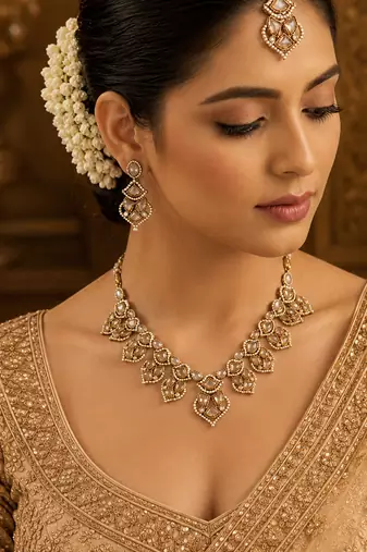 Graceful triangle and heart shape antique gold plated choker jewellery set for women