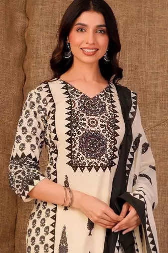 Women Ethnic Motifs Printed Regular Sequinned Pure Cotton Kurta with Trousers & With Dupatta