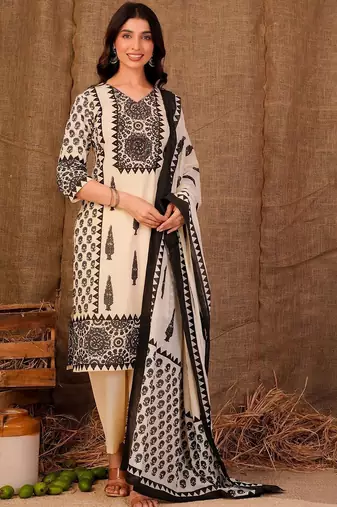 Women Ethnic Motifs Printed Regular Sequinned Pure Cotton Kurta with Trousers & With Dupatta