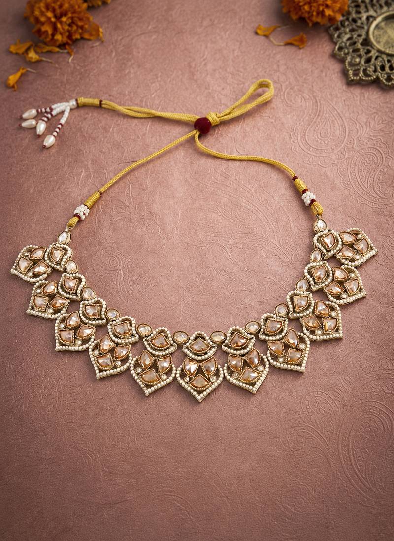 Graceful triangle and heart shape antique gold plated choker jewellery set for women