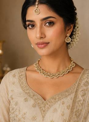 Lavish triangle shape pearl antique gold plated choker jewellery set for women 1
