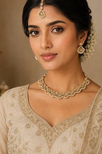 Lavish triangle shape pearl antique gold plated choker jewellery set for women