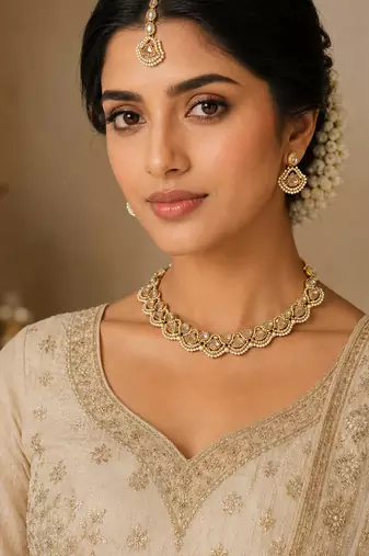 Lavish triangle shape pearl antique gold plated choker jewellery set for women
