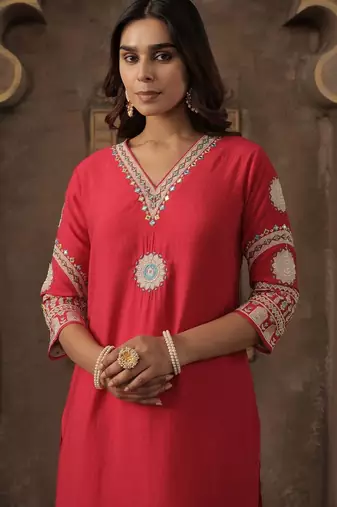 Floral Embroidered V-Neck Thread Work Straight Kurta With Trousers