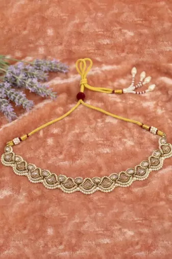 Lavish triangle shape pearl antique gold plated choker jewellery set for women