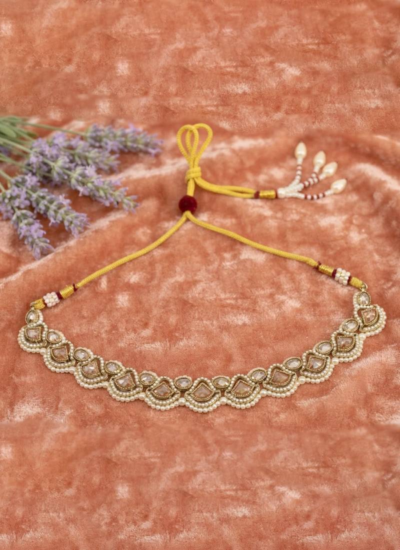 Lavish triangle shape pearl antique gold plated choker jewellery set for women