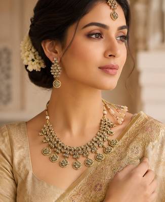 Incredible flower and leaf shape antique gold plated choker jewellery set for women 1