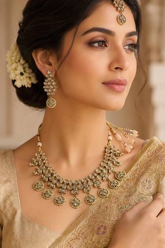 Incredible flower and leaf shape antique gold plated choker jewellery set for women