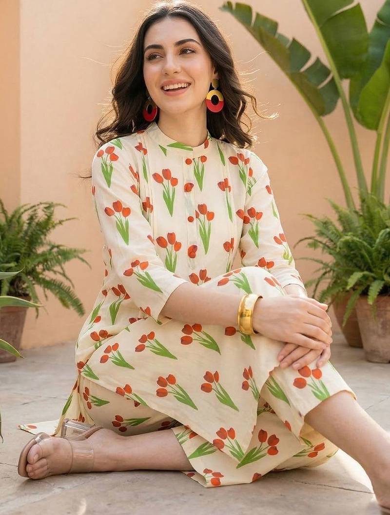Women Floral Printed Regular Pure Cotton Kurta with Trousers