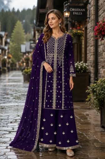 Violet georgette semi stitched suit with embroidery & sequence work