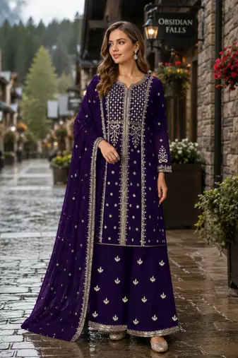 Violet georgette semi stitched suit with embroidery & sequence work