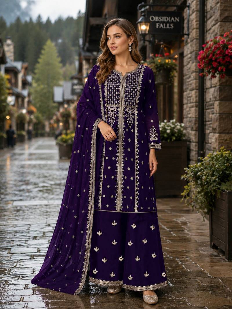 Violet georgette semi stitched suit with embroidery & sequence work