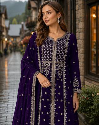 Violet georgette semi stitched suit with embroidery & sequence work 2