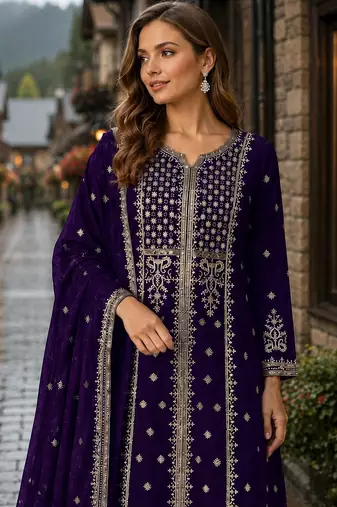 Violet georgette semi stitched suit with embroidery & sequence work
